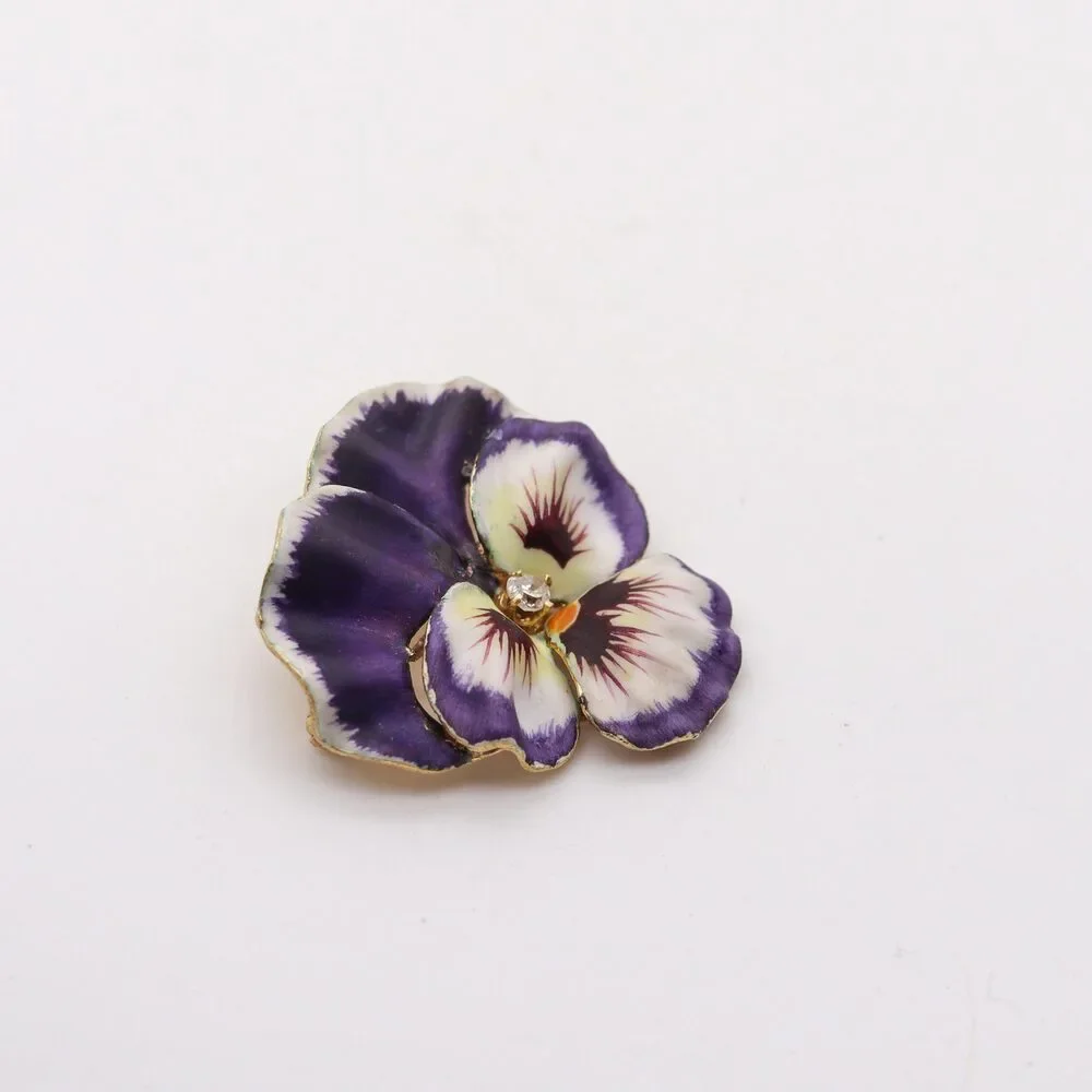 Crane & Theurer 1900 Art Nouveau Enameled Pansy Pendant 14Kt  Diamond - Picture 5 of 8